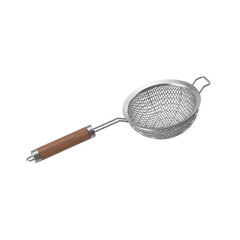A stainless steel strainer with a wooden handle, used for draining liquids from food.