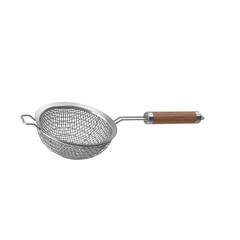 A stainless steel strainer with a wooden handle, used for draining liquids from food.