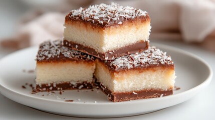 This image features three beautifully arranged coconut chocolate treats topped with shredded coconut, perfect for dessert lovers and food enthusiasts alike.