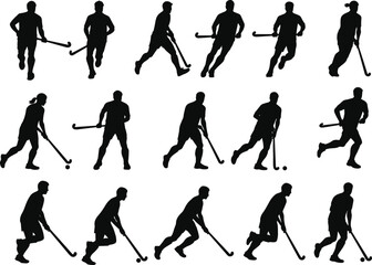 Collection of fifteen field hockey player silhouettes in various action poses, a dynamic vector set for sports design, team graphics, and athletic illustrations.