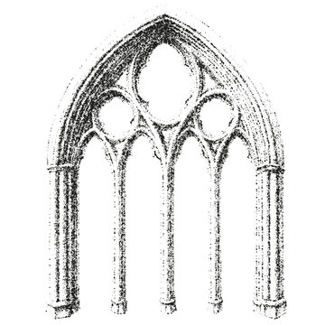 Arch, window, of building, ancient medieval church with Gothic style. Stippled effect.  Vintage look.