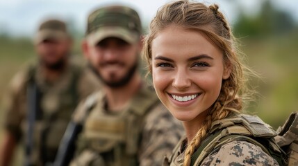 A joyful female soldier poses confidently with her comrades outdoors, exemplifying camaraderie and strength among military personnel in a natural environment.