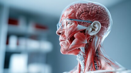 A detailed scientific model showcasing the human anatomy is displayed, clearly illustrating muscles and brain structures, emphasizing the intricate design of the human body.