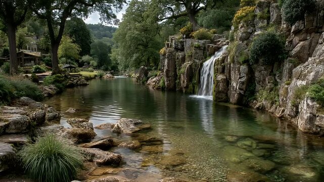 Serene Waterfall Cascades into Crystal Clear Pond in Lush Garden
