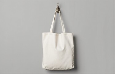 White canvas tote bag on warm grey wall with overhead shadow, ultra realistic mockup for minimalist branding overlay