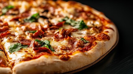 A close-up view of a delicious, freshly baked gourmet pizza topped with pepperoni, olives, and fresh vegetables, showcasing appetizing textures and vibrant colors.