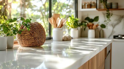 A beautifully decorated kitchen showcasing a blend of modern design with natural elements, featuring potted plants and stylish kitchenware, bringing warmth and elegance.