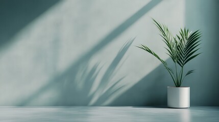 An artistic composition featuring a green wall with shadows cast by a potted plant, highlighting textures, light effects, and minimalist design in a contemporary space.