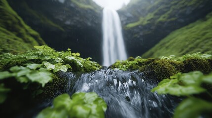 A picturesque waterfall cascading down rocky terrain surrounded by vibrant green foliage, symbolizing nature's beauty and tranquility in a serene and peaceful environment.