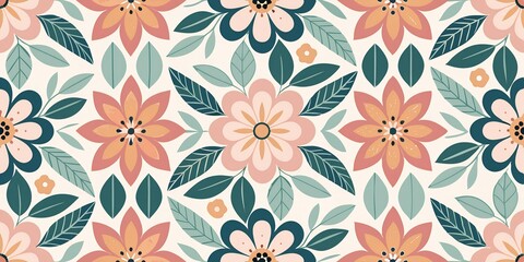 Seamless pastel floral pattern with teal leaves and flowers