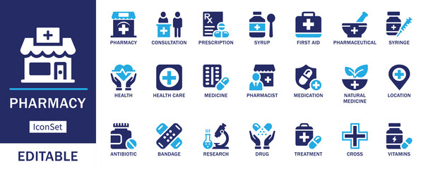 Pharmacy icon set. Featuring prescription, consultation, medicine, drug, health care, pharmacist, vitamins, treatment, and medical elements. Clean and editable vector icons.