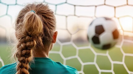 A girl stands in a soccer goal, intently watching a soccer ball as it approaches. Her hair is tied back, and the setting sun casts a warm glow on the scene, adding to the moment's tension.