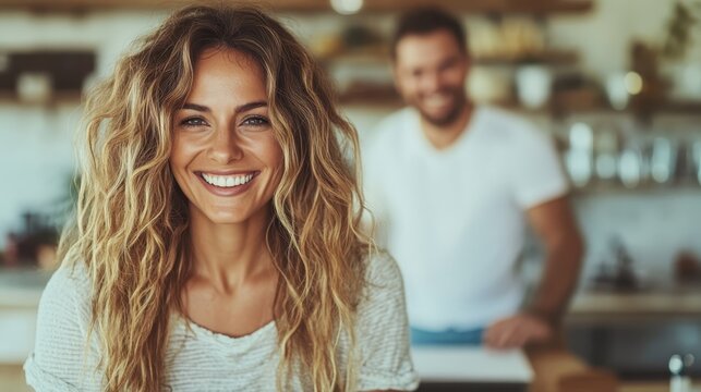 A smiling woman with wavy hair poses in a cozy kitchen, creating an inviting atmosphere. The warm tones and cheerful ambiance reflect comfort and homeliness in daily life.