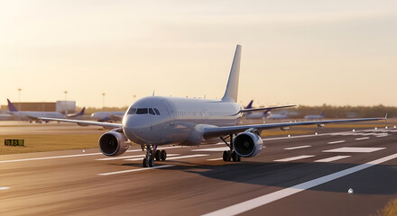 Airplane Taxiing on Runway at Sunset Air Travel Departure