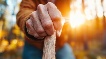 The close-up of an aging hand gripping a wooden stick symbolizes resilience and the connection between humans and the natural world, highlighting themes of strength and support.