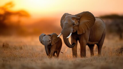 Obraz premium A heartwarming moment captures an adult elephant and its calf in their natural habitat during a stunning sunset, reflecting the beauty of family bonds in the animal kingdom.
