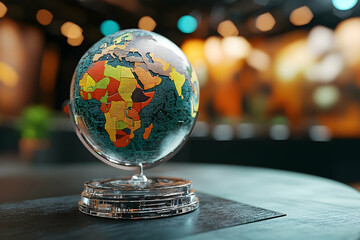 A vibrant political globe with textured stand sits in focus against an out-of-focus room with warm bokeh lighting