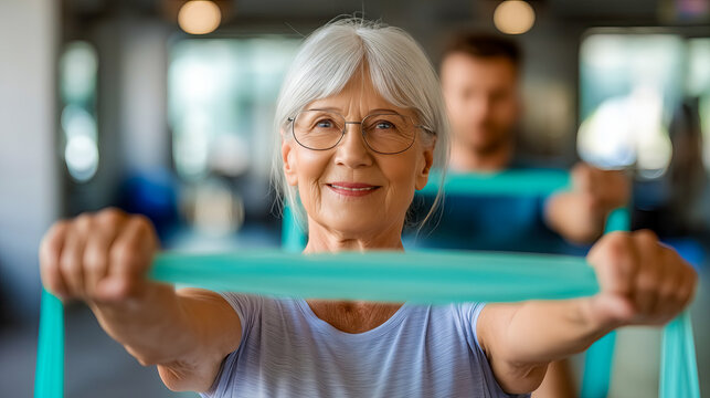Senior woman doing physical therapy exercises with resistance band