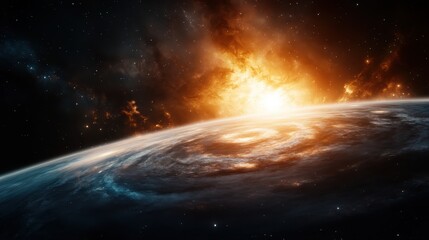 A stunning cosmic scene illustrating a picturesque view of a sunrise from space, showcasing the swirling elements of a celestial body with a backdrop of explosive colors.