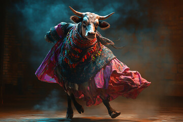 A cow dressed in bohemian-style dancing on stage, photorealistic, high resolution