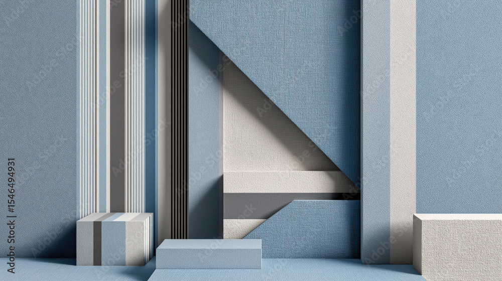 Poster Geometric abstract art with pale blue and silver hues, featuring angular forms and textured surfaces. composition includes vertical and horizontal lines, creating modern and minimalist aesthetic