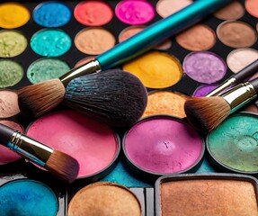 Colorful Makeup Palette with Brushes for Cosmetic Application and Artistic Expression in a Variety of Shades and Tones