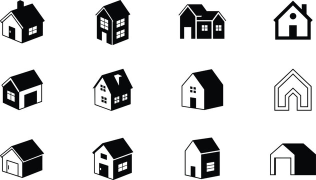 Black and White Isometric House Icons Simple Home Building Symbols Real Estate Graphics
