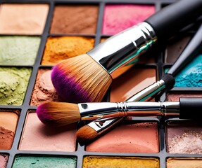 Assorted Makeup Palette with Brushes for Cosmetic Application and Artistic Expression in a Range of Colors and Textures