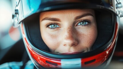 An intense portrait of a female racer wearing a sleek helmet, capturing determination and focus in motorsport, showcasing strength and passion for racing.
