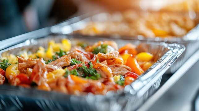 A vibrant dish of chicken mixed with various fresh vegetables, artfully presented in aluminum trays, showcasing a colorful and appetizing meal perfect for gatherings and events.