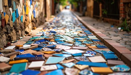 Colorful Shattered Ceramic Tiles Create Mosaic Pathway Design