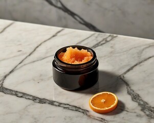 Invigorating Orange Scrub in Sleek Jar Displaying Natural Ingredients and Luxurious Texture on Marble Surface