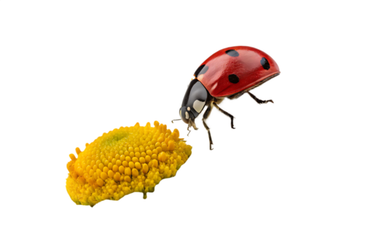 close-up-red-ladybug-on-camomile-flower isolated on white background png,  ai  generated