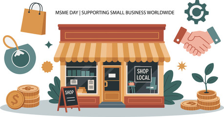 A small shop with a "Shop Local" sign, promoting support for small businesses. Surrounding the shop are icons of shopping bags, coins, a handshake, a gear, a plant, and a sandwich board