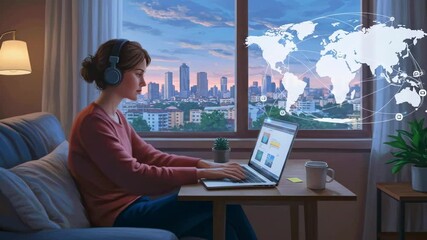 Young woman working on a laptop at home during sunset with a city skyline and world map overlay - Powered by Adobe