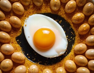 Eggs culinary creation: A captivating culinary image of perfectly cooked single egg with golden yolk in the middle surrounded by other egg to show freshness in food. Ai generated image