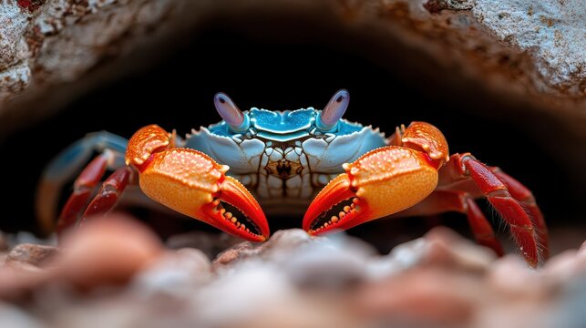 A vibrant close-up of a striking blue and orange crab, poised in its natural habitat, showcasing its intricate details and colors against a dark rocky background. - Powered by Adobe