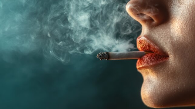 A close-up image captures a person's lips exhaling cigarette smoke, creating an atmosphere filled with allure and contemplation amidst swirling wisps of smoke.