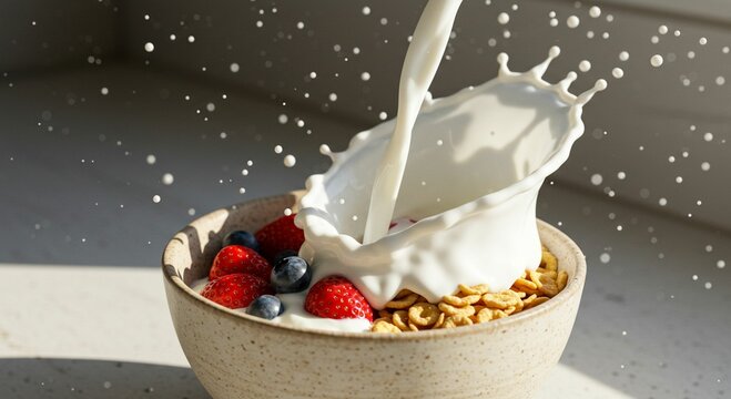 Milk splash over cereal with berries