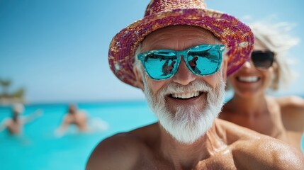 An elderly couple smiles brightly, showcasing joy and companionship, while enjoying a sunny poolside day, radiating happiness and the beauty of aging together in love.