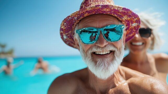 An elderly couple smiles brightly, showcasing joy and companionship, while enjoying a sunny poolside day, radiating happiness and the beauty of aging together in love.