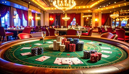 Vibrant Baccarat Table Showcasing Cards and Chips in Casino Environment