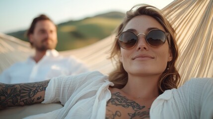 A relaxed couple with sunglasses bask in the golden sunlight while lounging in a hammock, highlighting the beauty of togetherness and the joy of serene moments in nature.