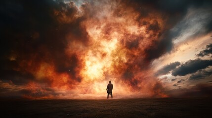 Fototapeta premium A solitary figure stands on a vast landscape, gazing towards an erupting explosion of vibrant colors in the sky, evoking feelings of awe and contemplation about the unknown.