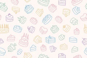 Seamless pattern of hand drawn cakes, cupcakes. Doodle style. Bright colorful designs for International Cake Day and Birthday. Vector illustration