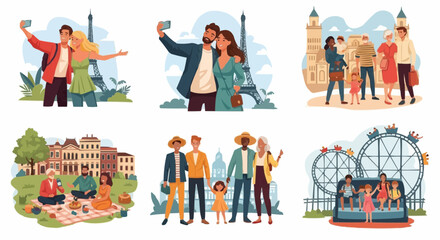 Couples and families traveling to European landmarks – tourist scenes in Paris, London, and Rome with sightseeing and photography.