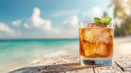 A beautifully presented cocktail sits on a wooden table against a serene beach backdrop, evoking relaxation and a perfect getaway for summer enthusiasts.