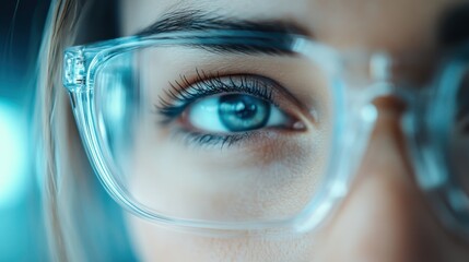 A stunning close-up of a woman's eye wearing clear glasses, emphasizing intricate details and reflections while highlighting themes of perception and clarity in the modern world.