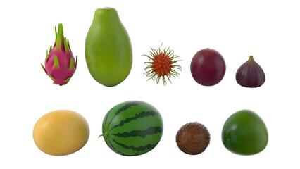 A collection of various fruits displayed, showcasing their unique shapes and colors.
