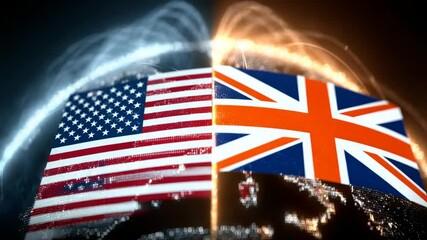 Global Connectivity: USA and UK Flags Unite in a Digital World Map Animation - Powered by Adobe